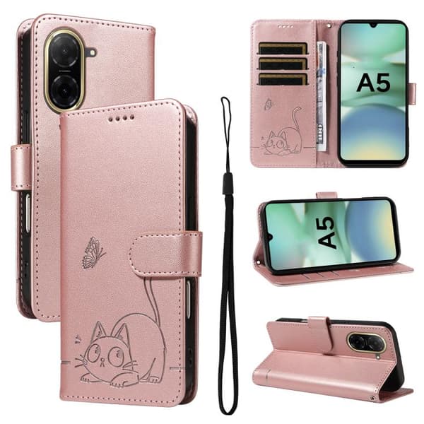 Redmi A5 4G - Flip Läderfodral med Embossed Kattmönster Roséguld