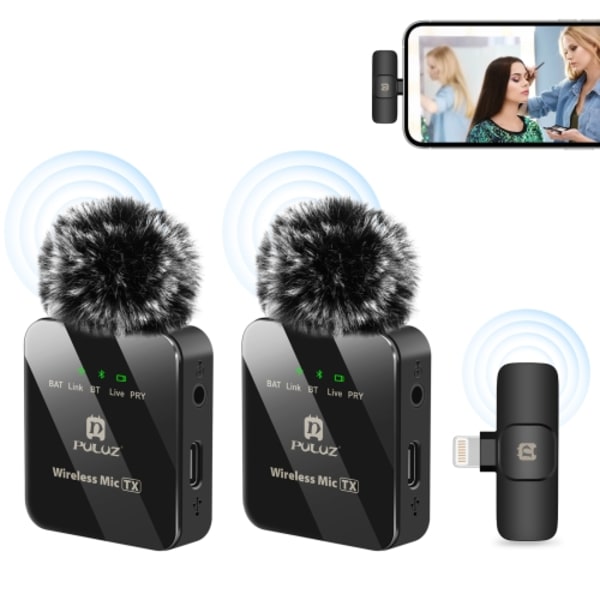 Trådlös Lavalier-mikrofon för iPhone / iPad, 8-stiftsmottagare och dubbla mikrofoner (svart)