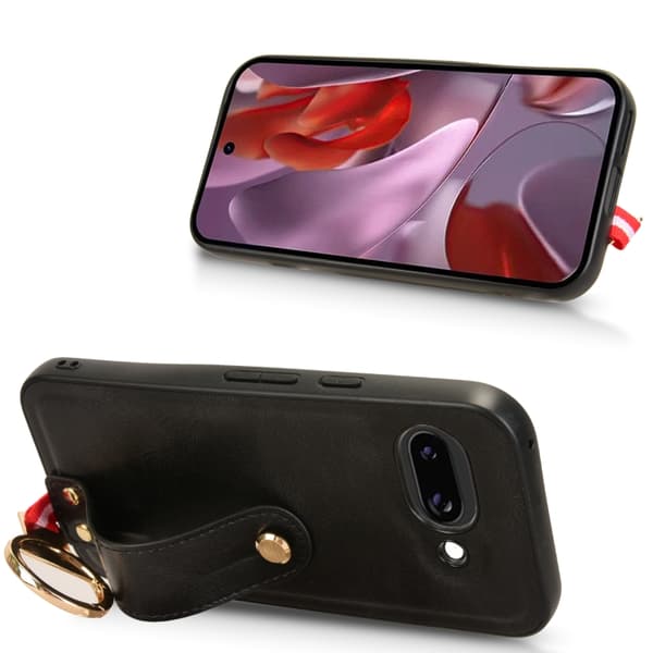 för Pixel 9a Skal i Läder med Handledsrem Svart