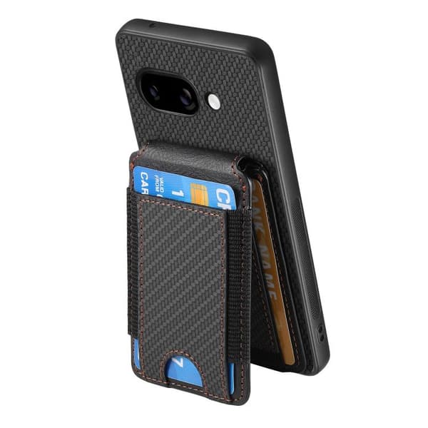för Pixel 9a - Kolfiber Vertikal Flip Wallet Ställ Skal Svart