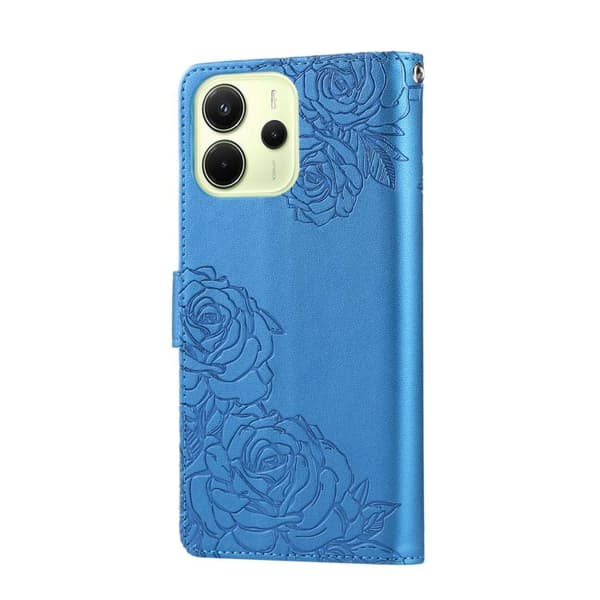 Redmi Note 14 4G - Läderfodral med Rosblommor och 3 Kortfack Blå