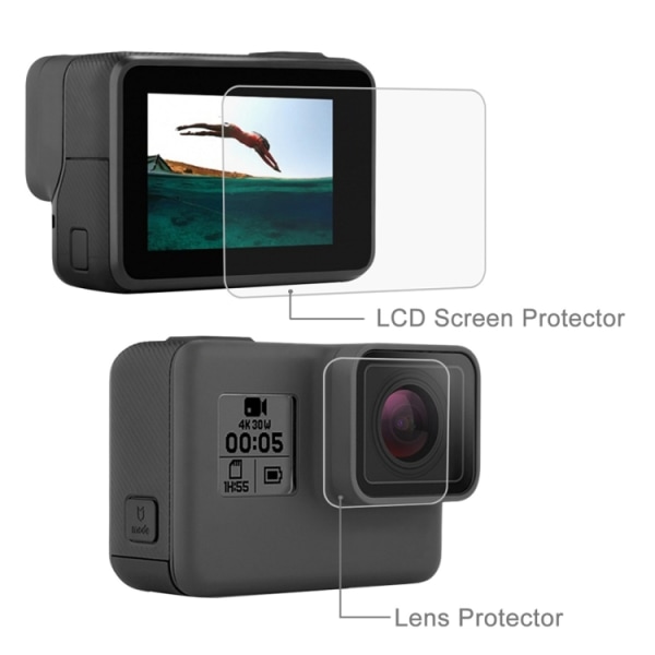 Objektiv HD-skärmskydd + LCD-skärmhärdat glasfilm för GoPro HERO7 Black /HERO7 Silver / HERO7 White /6 /5