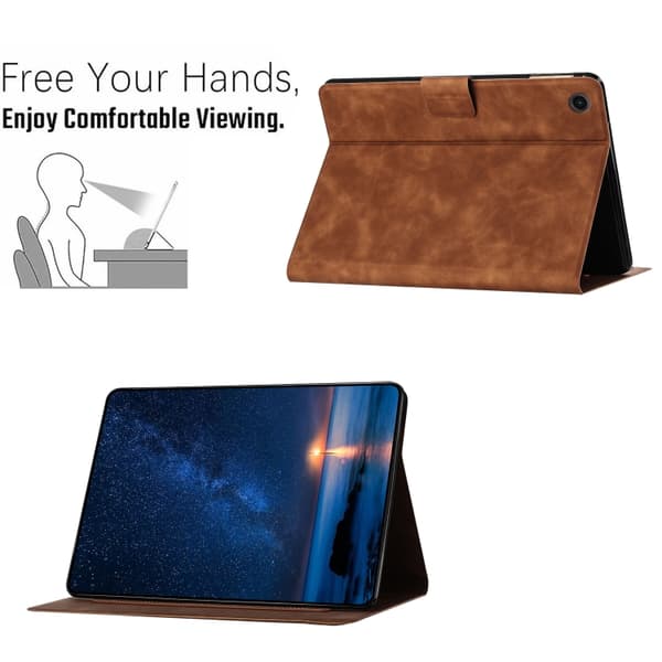 Samsung Galaxy Tab A9+ / A11+ Prägad Katt Läderfodral Brun
