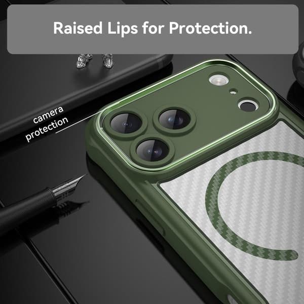 iPhone 18 Pro Max / iPhone 17 Pro Max Skal - kolfibertextur med MagSafe, genomskinlig Grön