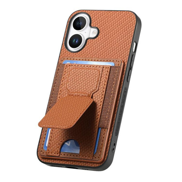 iPhone 17 Skal - Kolfiber med Fällbart Ställ och Elastisk Kortficka Brun