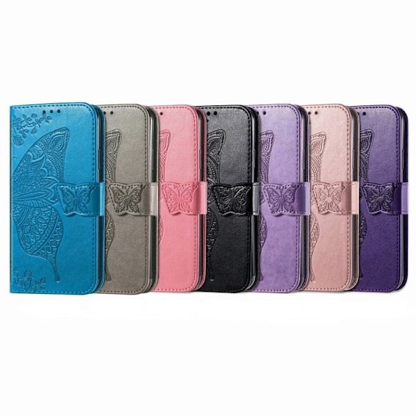 Samsung Galaxy S24 5G Skal med Prägling av Fjäril och Blommor Blå