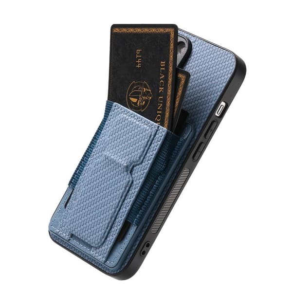 iPhone 17 Pro Skal - Kolfiber med Fällbart Ställ och Elastisk Kortficka Blå