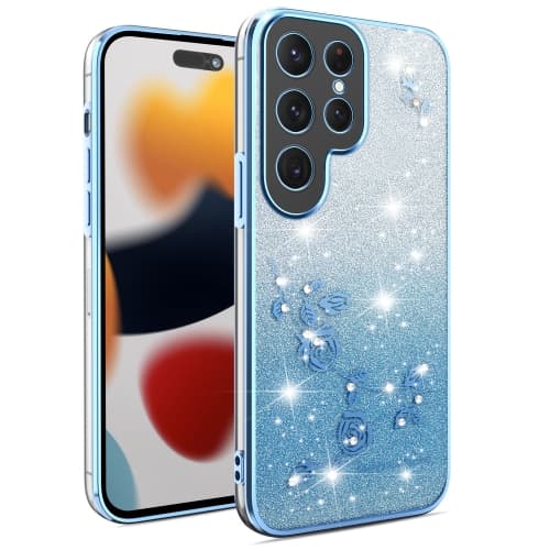 Samsung Galaxy S25 5G Skal med Gradient Glittrande Blommor Blå