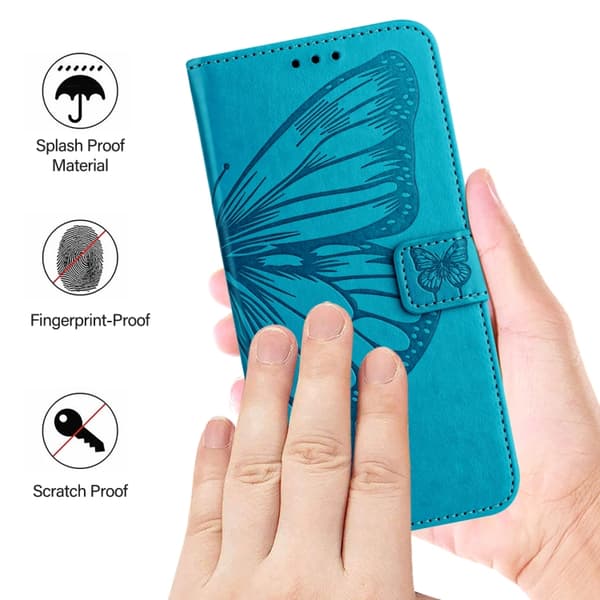 iPhone 16 Pro Max Embossed Butterfly Fodral - Elegant Skal Läder med Utsökt Design Blå
