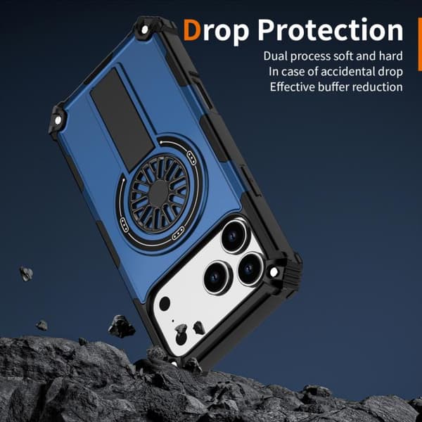 iPhone 18 Pro Max / iPhone 17 Pro Max Shockproof Kickstand Metallic Shaft MagSafe Skal Blå