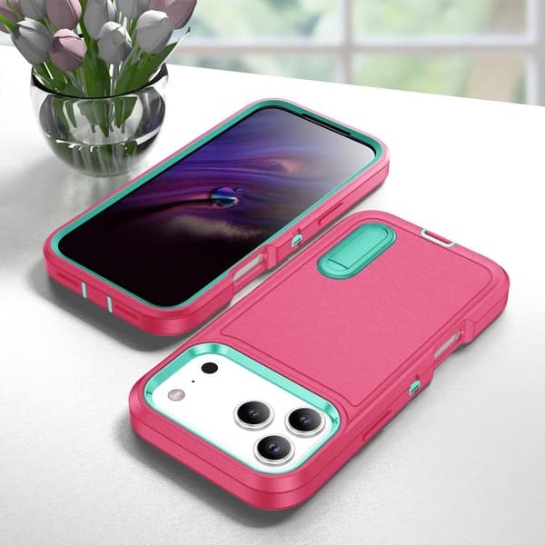 iPhone 18 Pro Max / iPhone 17 Pro Max Skal - robust PC + silikon med hållare Rosröd + Ljusgrön