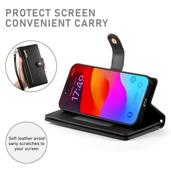 iPhone 18 Pro Max / iPhone 17 Pro Max Skal läderfodral med nio kortfack och dragkedja Svart
