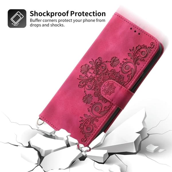 iPhone 18 Pro / iPhone 17 Pro Skal läderfodral med blommor - relief och skinnkänsla Vinrött