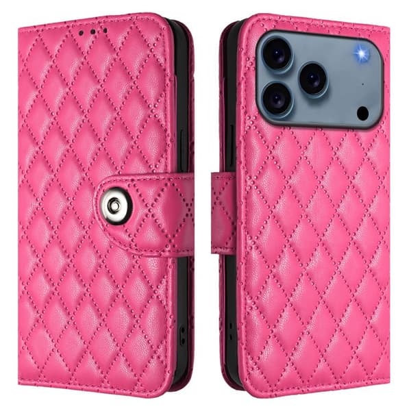 iPhone 18 Pro Max / iPhone 17 Pro Max Skal läderfodral med rhombisk textur och lanyard Rosröd