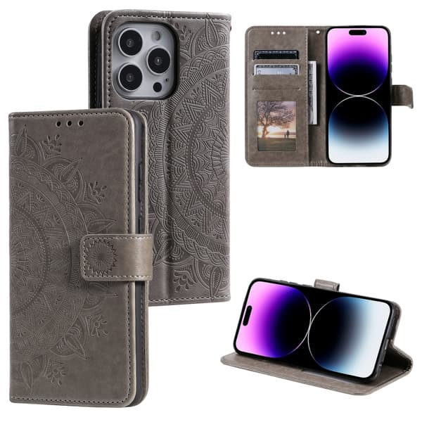 iPhone 16 Pro Max Totem Blomma Pr präglat Läder Skal Fodral Grå