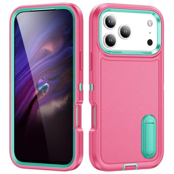iPhone 18 Pro Max / iPhone 17 Pro Max Skal - robust PC + silikon med hållare Rosröd + Ljusgrön