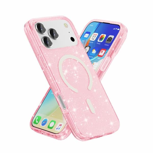 iPhone 18 Pro / iPhone 17 Pro Skal - Terminator Stil med Glittrande Pulver och MagSafe Magnet Rosa