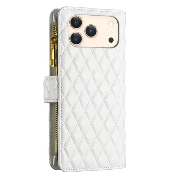 iPhone 18 Pro / iPhone 17 Pro Skal - läder med diamantmönster och dragkedja Vit