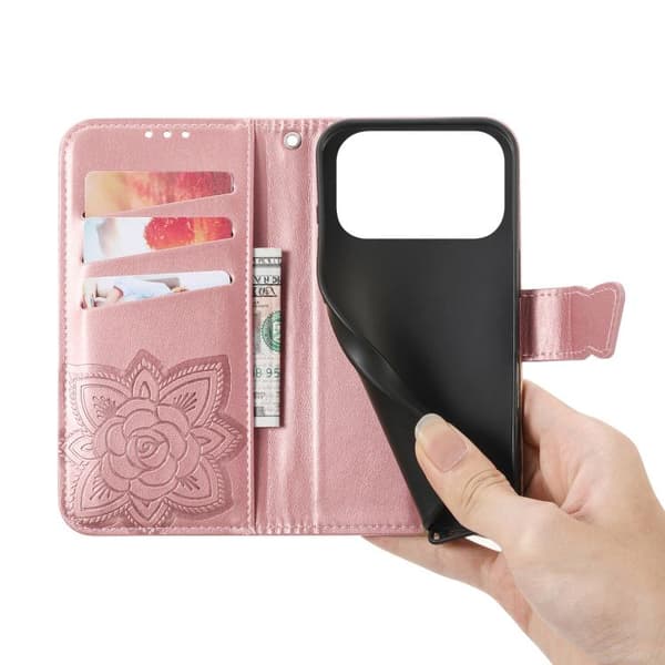 iPhone 18 Pro Max / iPhone 17 Pro Max Skal läderfodral med fjäril och blomma - relief Roséguld