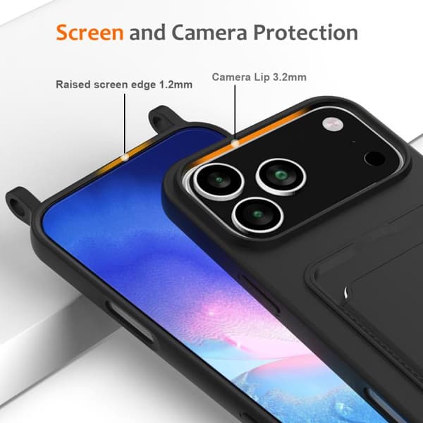 iPhone 18 Pro Max / iPhone 17 Pro Max Skal med Integrerad Kortväska - Solid Färg av Flytande Silikon med Lanyard Svart
