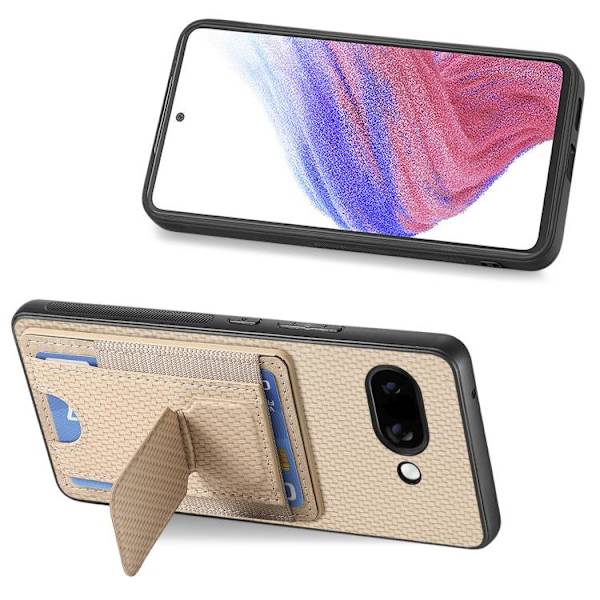 för Pixel 9a Skal med Kolfiber Fällbart Ställ och Elastisk Kortficka Kaki