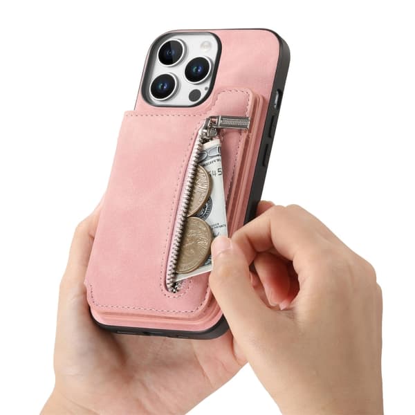 iPhone 16 Pro Max Retro MagSafe Zipper Plånbok Kortväska Bakskal Rosa