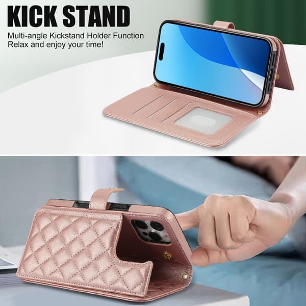 iPhone 16 Pro Max Skal Rhombisk Multifunktionellt Läderfodral Roséguld