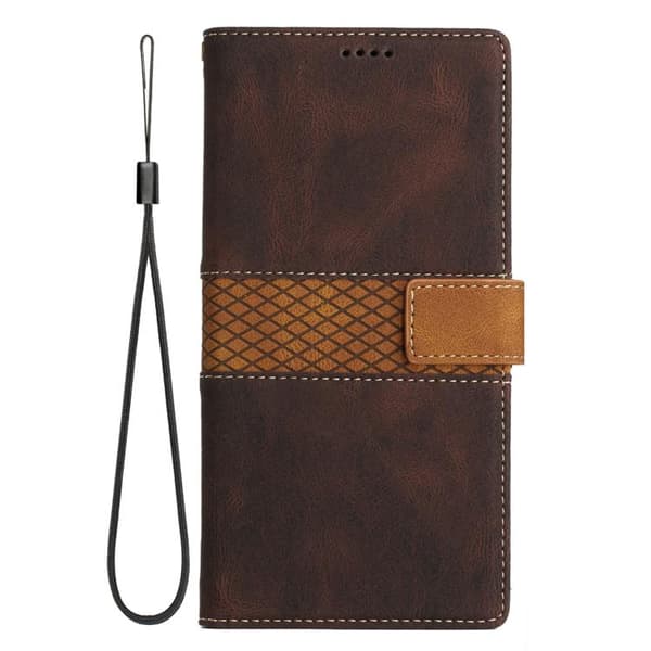 iPhone 18 Pro / iPhone 17 Pro Skal läderfodral med lanyard - Grid Stitching Brun