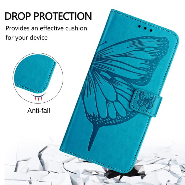 iPhone 16 Pro Max Embossed Butterfly Fodral - Elegant Skal Läder med Utsökt Design Blå