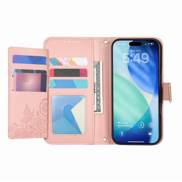 iPhone 18 Pro / iPhone 17 Pro Skal läderfodral med blommor och blad samt rem Rosa