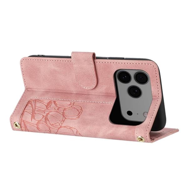 iPhone 18 Pro / iPhone 17 Pro Skal Läderfodral med Tulpaner och Lanyard Rosa