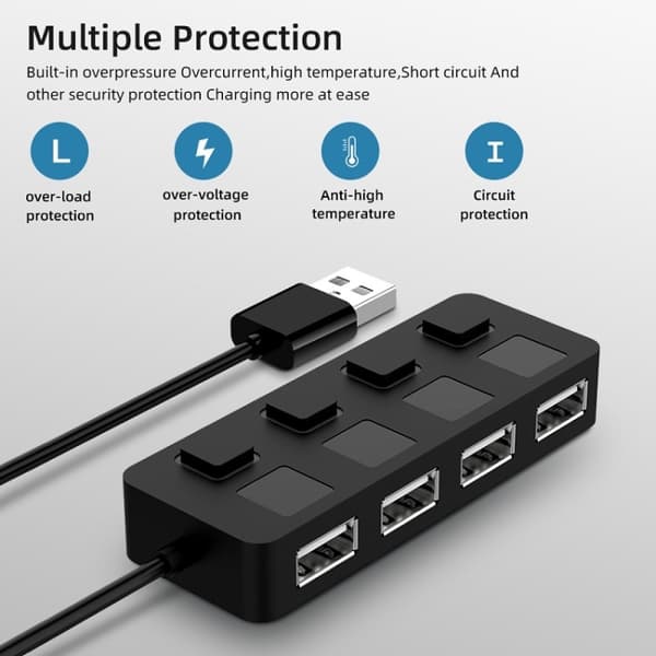 4-Port USB 2.0 Hub med 4 Strömbrytare (Vit)