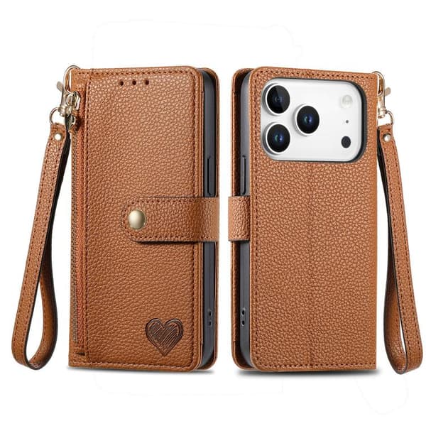iPhone 18 Pro Max / iPhone 17 Pro Max Skal Läderfodral med Kärlek Zipper Lanyard Brun