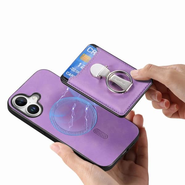 iPhone 17 Skal med Retro Fällbart Ringhållare och Kortfack MagSafe Purpur