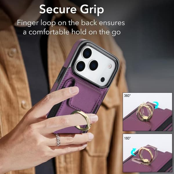 iPhone 17 Pro Skal med Elastisk Kortficka och Ringhållare Purpur