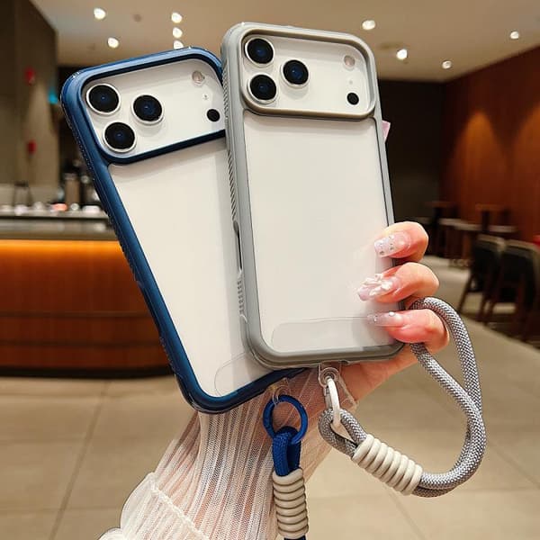 iPhone 18 Pro Max / iPhone 17 Pro Max Skal - Solid Färg med Transparent Akryl TPU och Handledsrem Rosa
