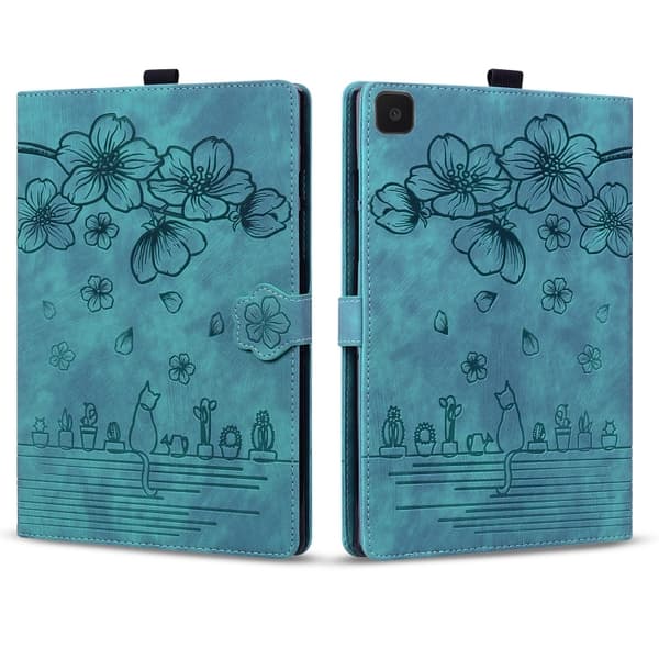 Samsung Galaxy Tab A7 Lite Cartoon Sakura Cat Prägad Läderfodral Grön