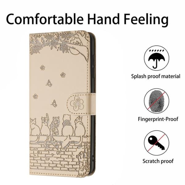 iPhone 18 Pro / iPhone 17 Pro Skal läderfodral med kattprägling och rem Beige