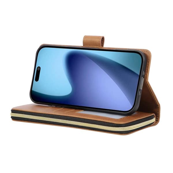 iPhone 18 Pro Max / iPhone 17 Pro Max Skal läderfodral med 9 kortfack och dragkedja Brun