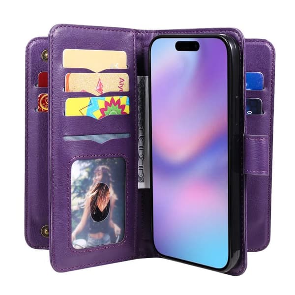 iPhone 17 Skal läderfodral med multifunktion och 10 kortfack Violett
