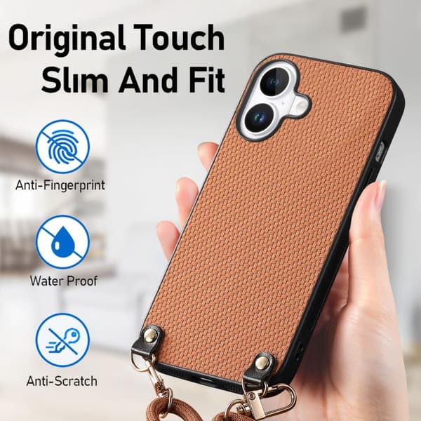 iPhone 17 Skal - kolfibertextur med axelrem Brun