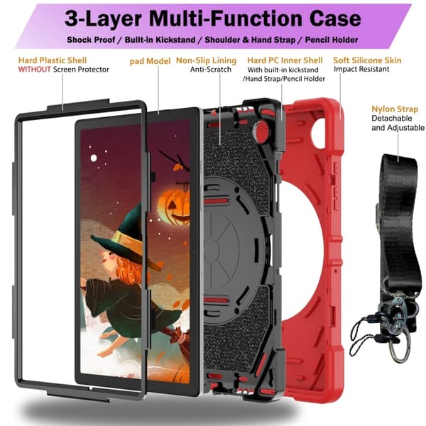 Samsung Galaxy Tab A8 Bat Hand Grip Ställning Tabletfodral Röd Svart