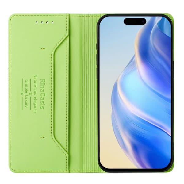 iPhone 17 Pro Max Skal läderfodral med dubbelvikts magnetisk sug och RFID Gräsgrön