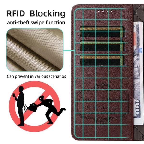 iPhone 18 Pro / iPhone 17 Pro Skal läderfodral med Litchi-textur och RFID-blockering för 3 kort Brun
