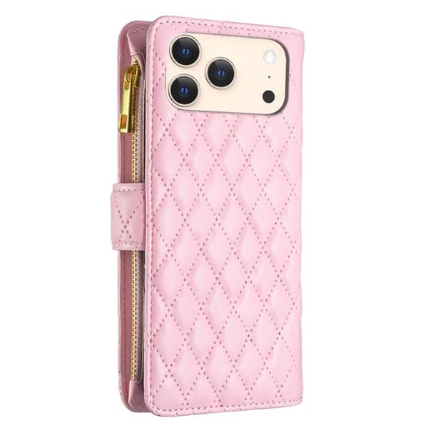 iPhone 18 Pro Max / iPhone 17 Pro Max Skal - läder med diamantgaller och dragkedja Rosa