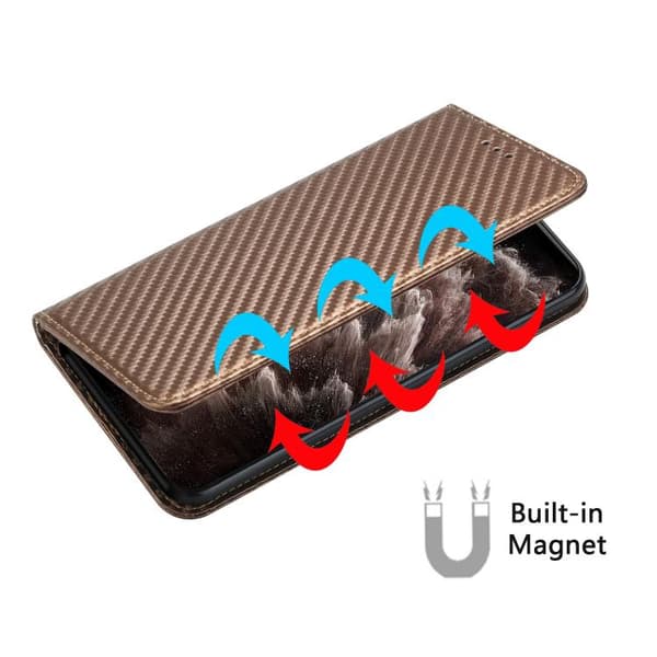 Redmi Note 14 5G - Magnetisk Flip Läderfodral med Kolfibertextur Brun