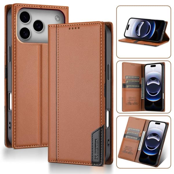iPhone 18 Pro / iPhone 17 Pro Skal läderfodral N.BEKUS P3 RFID med magnetisk flip Brun