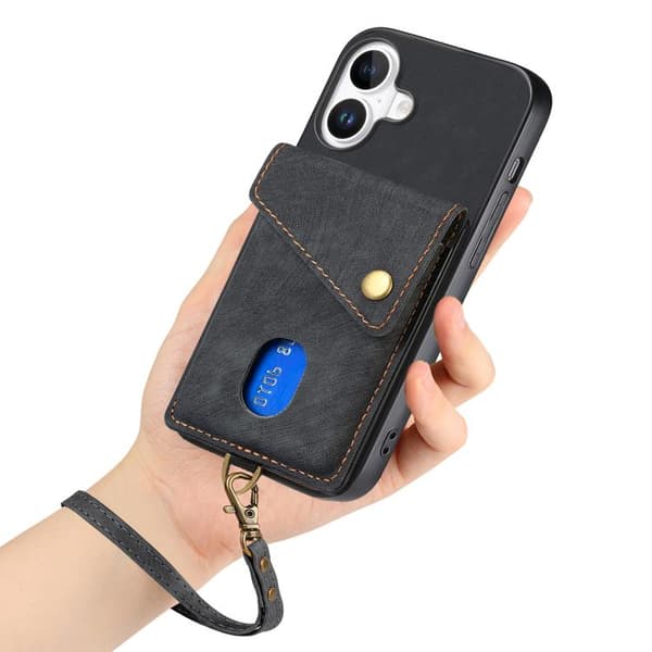 iPhone 17 Skal läderfodral med retro kortfack och rem Svart