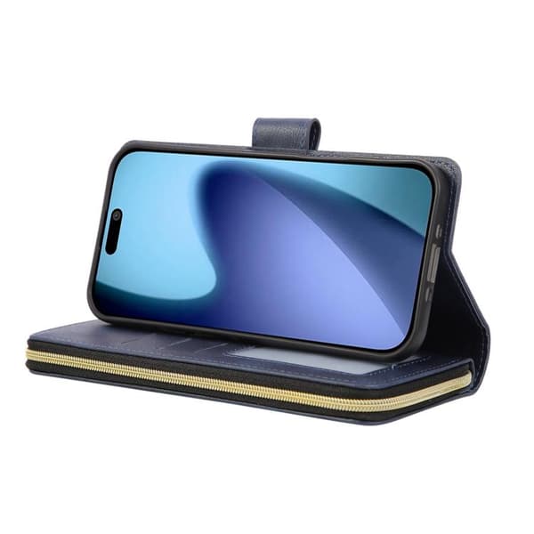 iPhone 18 Pro Max / iPhone 17 Pro Max Skal läderfodral med 9 kortfack och dragkedja Blå