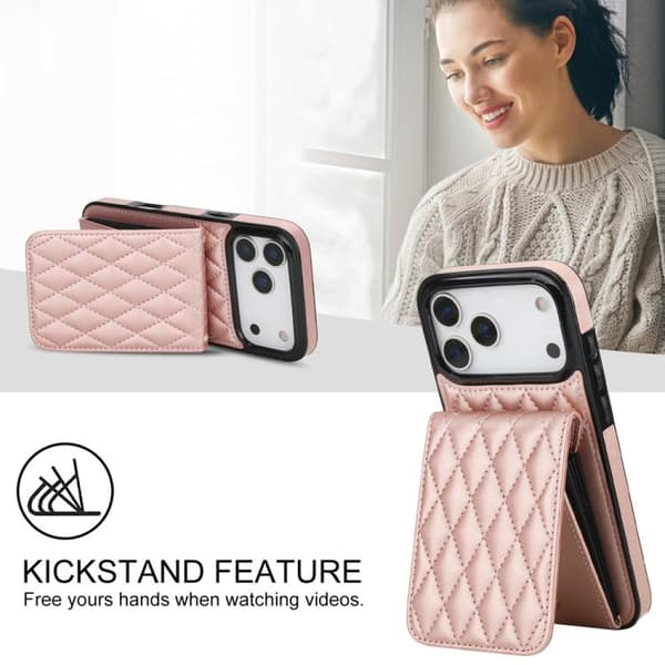 iPhone 18 Pro Max / iPhone 17 Pro Max Skal med RFID och Rhombisk Korthållare Roséguld